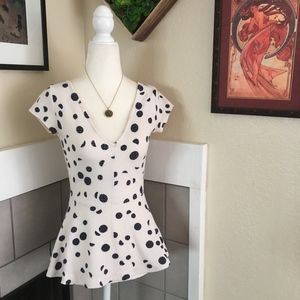 DELETTA POLKA DOT CAP SLEEVE PEPLUM TOP